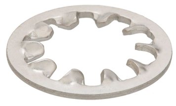 Internal teeth lock washer prevents a nut or bolt head from loosening using teeth strut action.