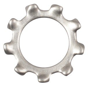 External tooth lock washer prevents a nut or bolt head from loosening using teeth strut action.